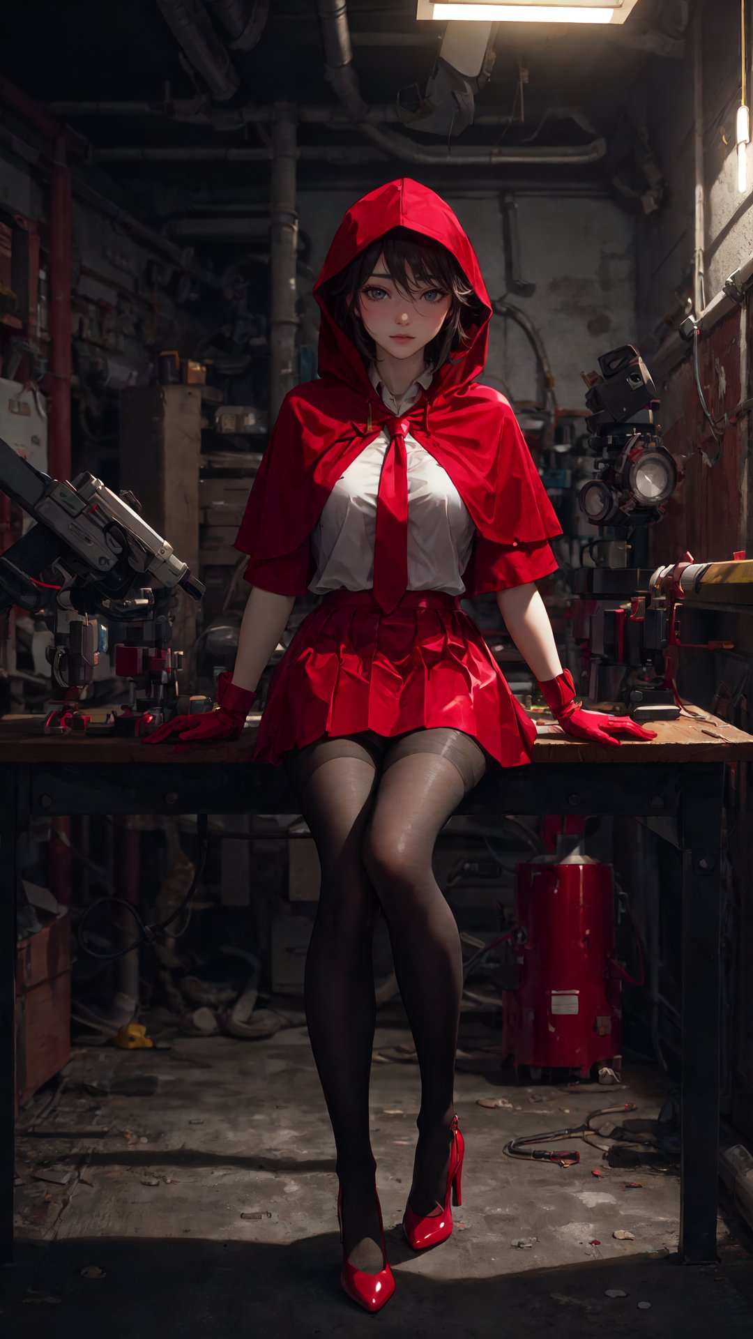 tutututu, red skirt, red hooded capelet, T shirt, cinematic style,realistic,masterpiece,best quality,extremely detailed,absurdres resolution,High quality texture,Cinematic Lighting,1girl Sitting at the table fixing robots,robot dog,cute genius japanese school girl,red necktie, glasses,protective gloves,in a A basement full of neo pipes,welding,precision instruments,complex circuit,vacuum tube punk,high heels,<lora:OC:0.15> <lora:LowRA:0.3> <lora:tutuMCV3:0.7>