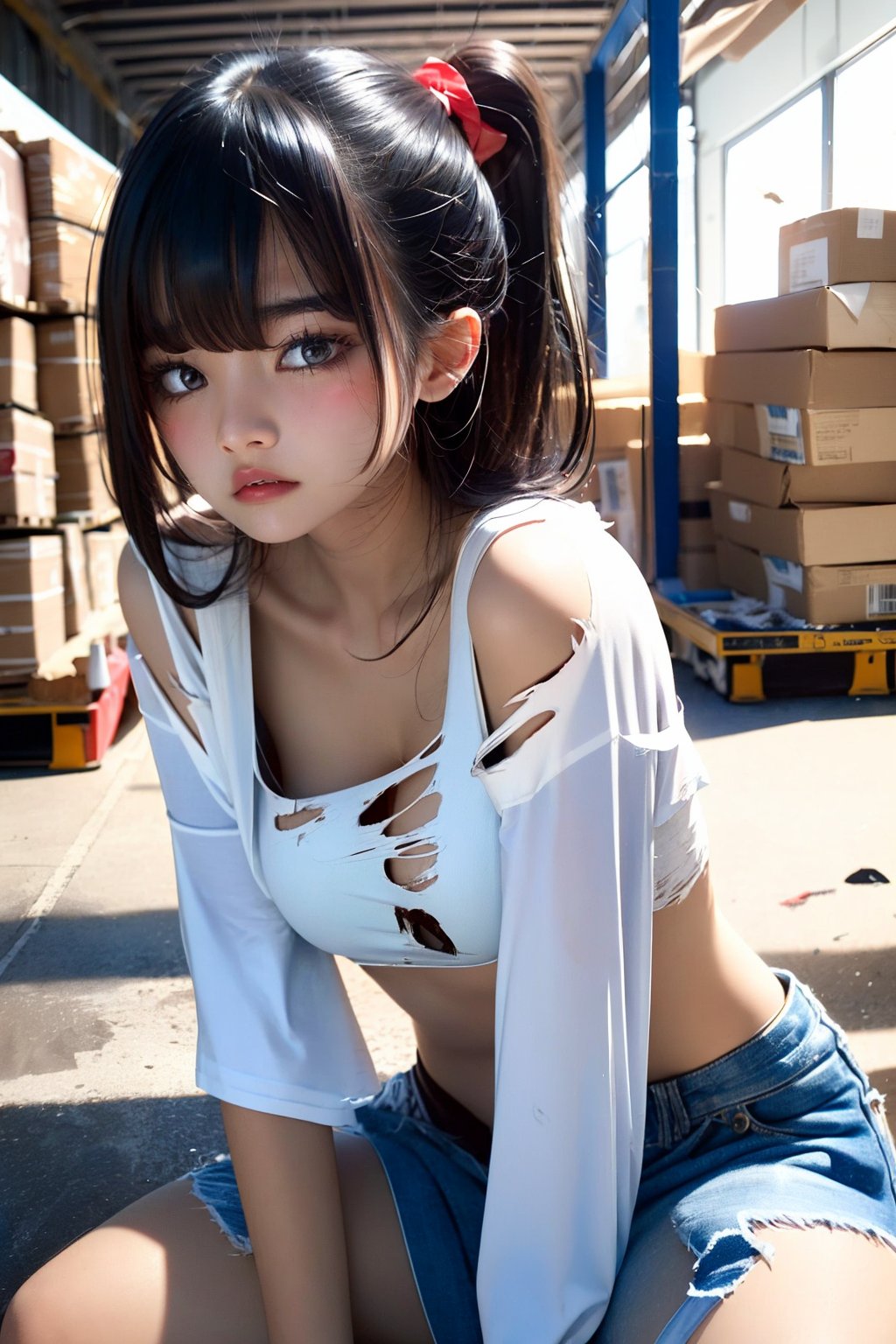 best quality, extremely detailed, perfect face, 
A very beautiful Korean girl, 18 years old, wearing torn and torn clothes, sweating, disheveled, slightly messy hair, frowning, scared expression, sitting in a warehouse,tear clothes, tear clothes,girl,bingirl