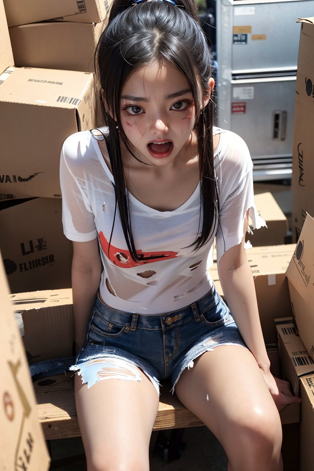 best quality, extremely detailed, perfect face, 
A very beautiful Korean girl, 18 years old, wearing torn and torn clothes, sweating, disheveled, slightly messy hair, frowning, open mouth, scared expression, sitting in a warehouse,tear clothes, tear clothes