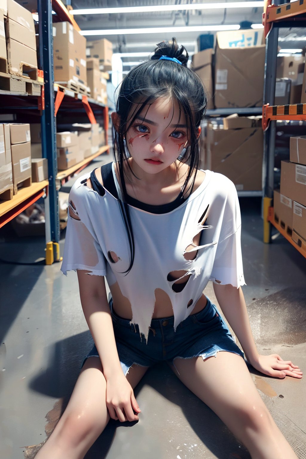 best quality, extremely detailed, perfect face, 
A very beautiful Korean girl, 18 years old, wearing torn and torn clothes, sweating, disheveled, slightly messy hair, frowning, scared expression, sitting in a warehouse,tear clothes, tear clothes,girl,bingirl