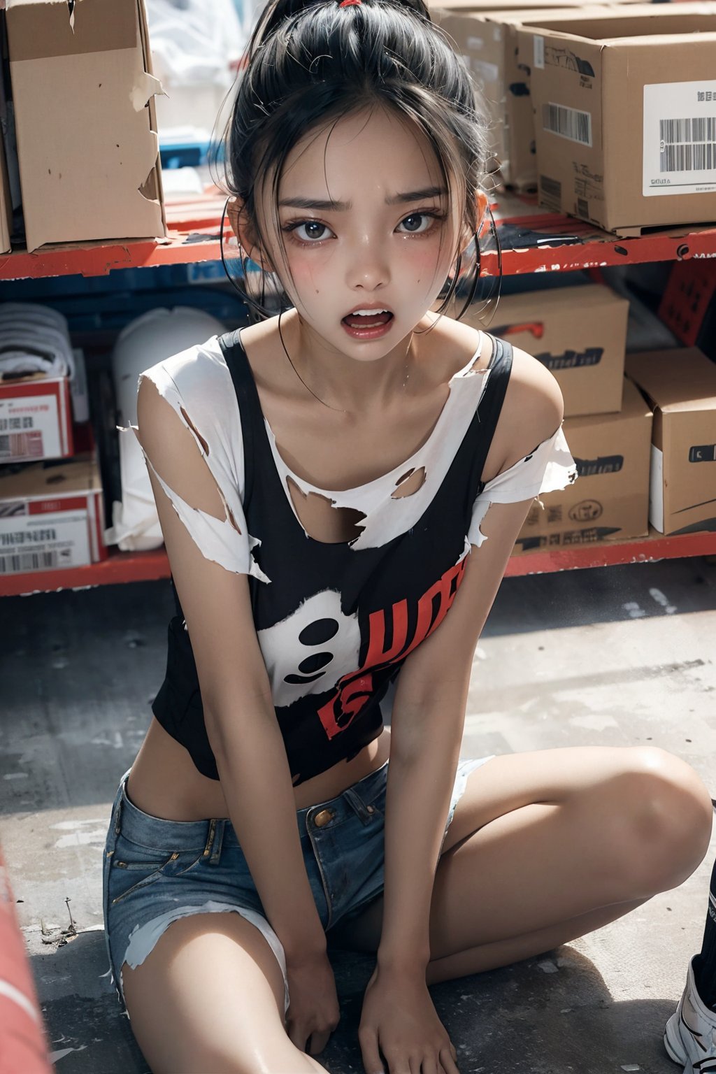 A very beautiful Korean girl, 18 years old, wearing torn and torn clothes, sweating, disheveled, slightly messy hair, frowning, open mouth, scared expression, sitting in a warehouse,tear clothes, tear clothes