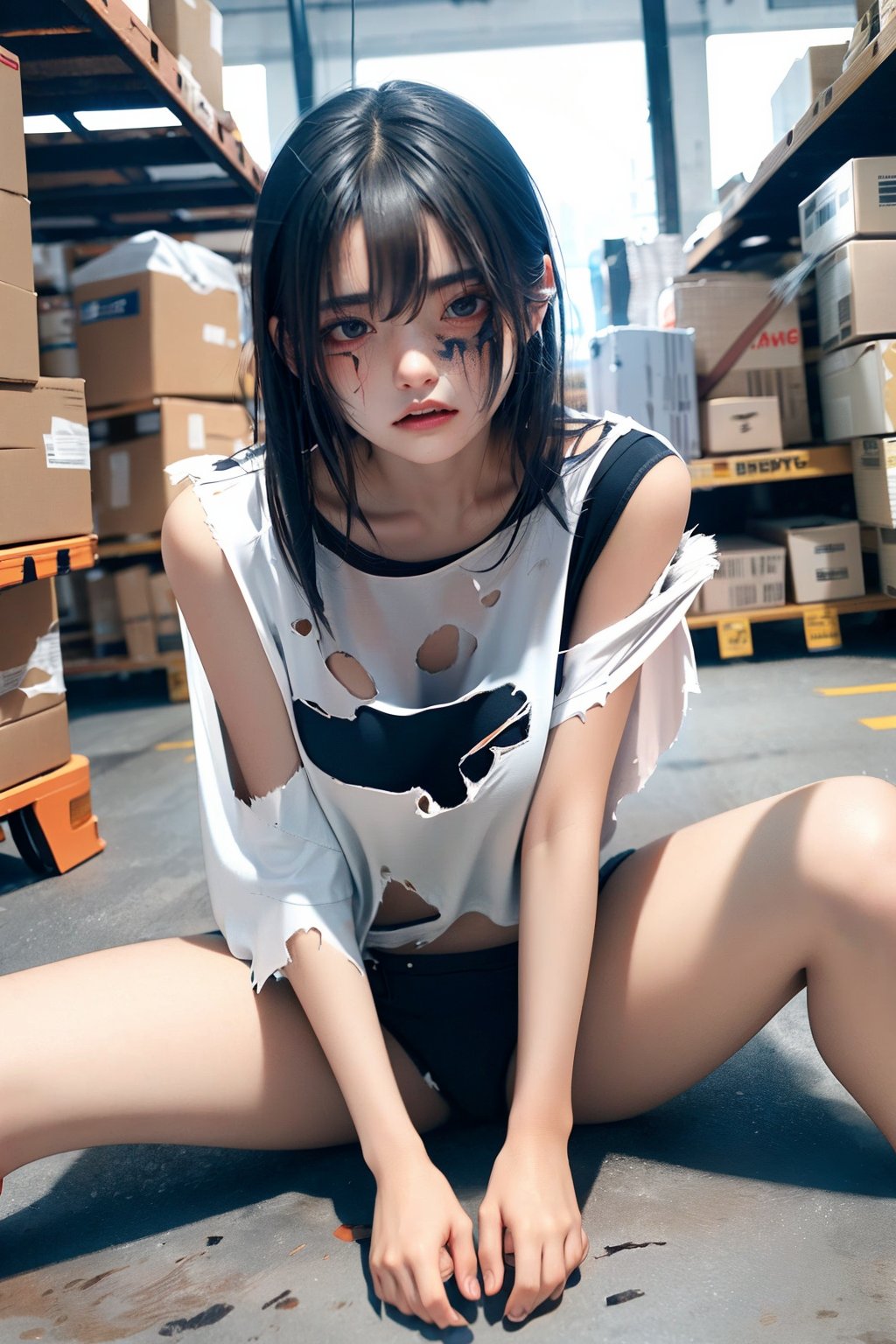 best quality, extremely detailed, perfect face, 
A very beautiful Korean girl, 18 years old, wearing torn and torn clothes, sweating, disheveled, slightly messy hair, frowning, scared expression, sitting in a warehouse,tear clothes, tear clothes,girl,bingirl