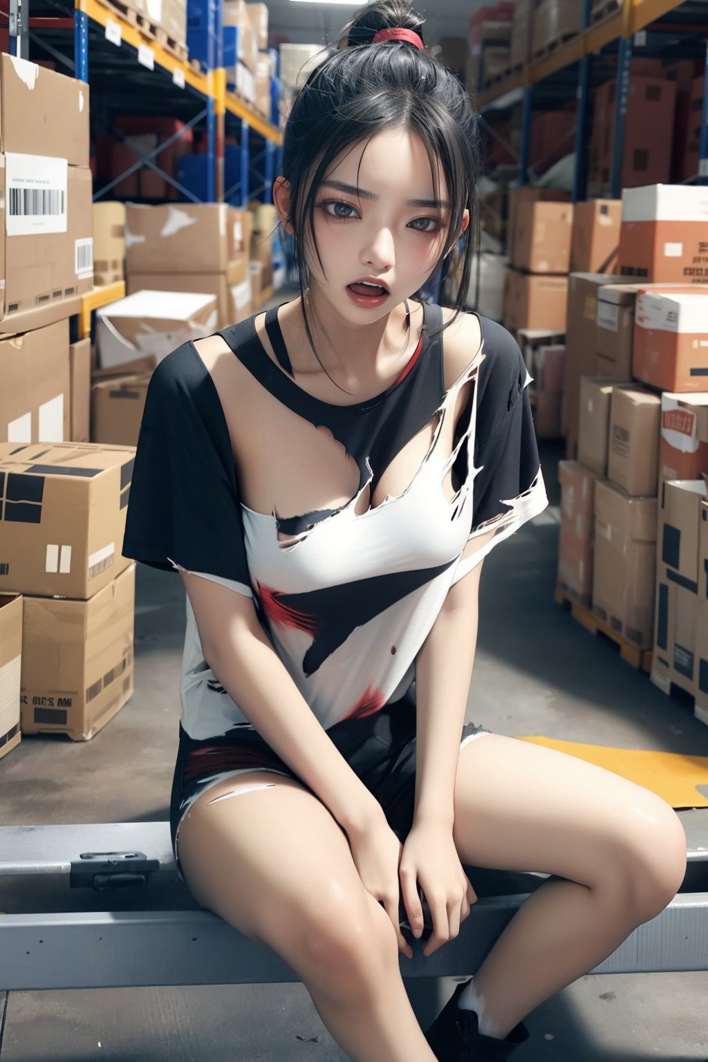 A very beautiful Korean girl, 18 years old, wearing torn and torn clothes, disheveled, slightly messy hair, frowning, open mouth, scared expression, sitting in a warehouse,tear clothes