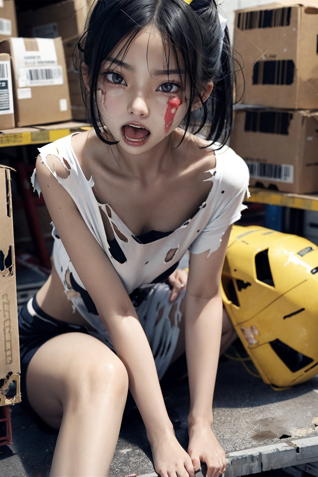 A very beautiful Korean girl, 18 years old, wearing torn and torn clothes, sweating, disheveled, slightly messy hair, frowning, open mouth, scared expression, sitting in a warehouse,tear clothes