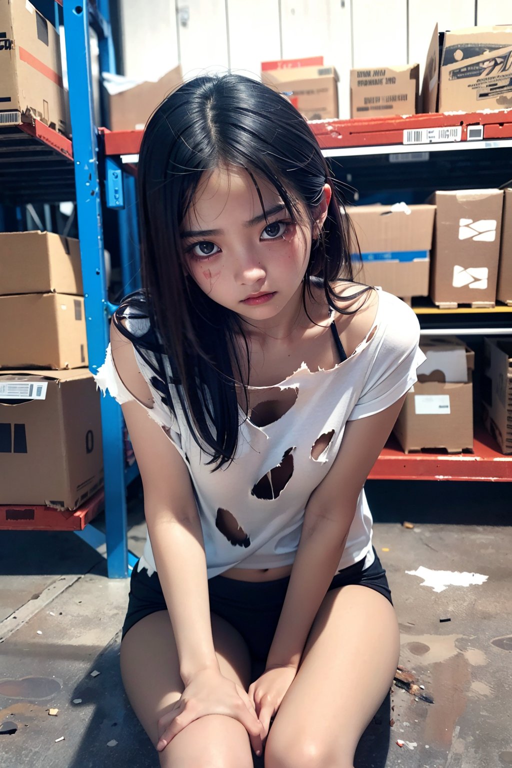 best quality, extremely detailed, perfect face, 
A very beautiful Korean girl, 18 years old, wearing torn and torn clothes, sweating, disheveled, slightly messy hair, frowning, scared expression, sitting in a warehouse,tear clothes, tear clothes,girl