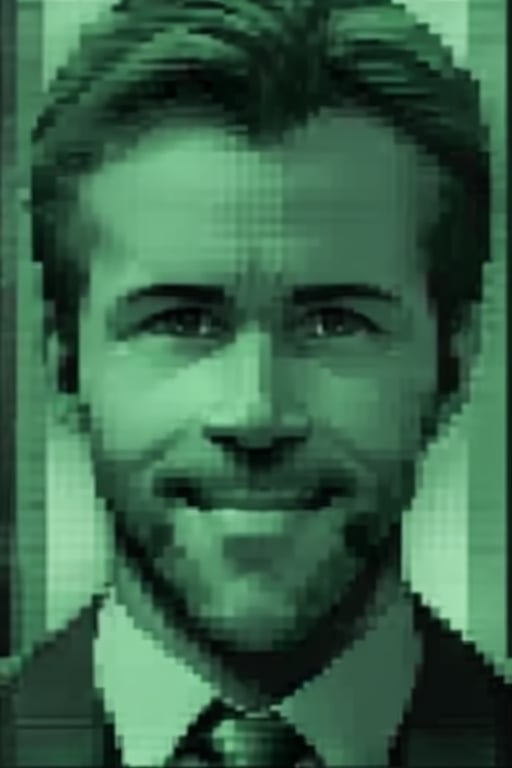 best quality, mgscodec, green theme, portrait, monochrome, ryan reynolds,  smile, suit, necktie, closed mouth, solo, looking at viewer
