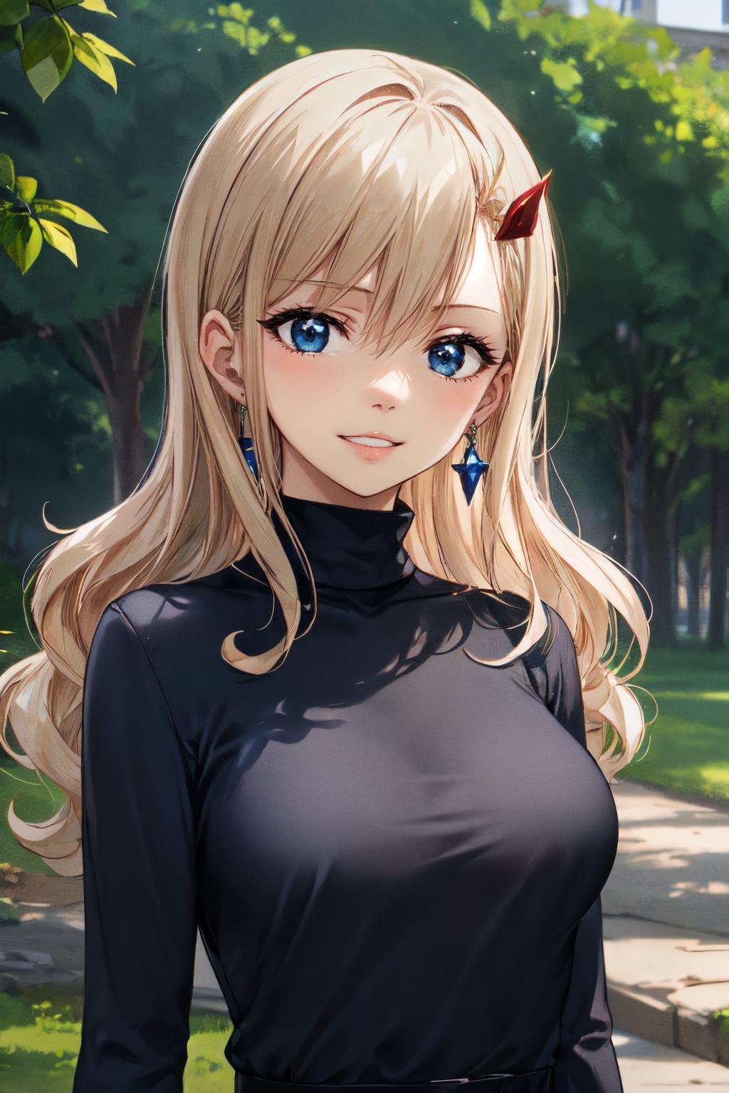 <lora:rebecca_v2:0.8> rebecca bluegarden, 1girl, solo, earrings, jewelry, medium breasts, smile,  upper body, collarbone, looking at viewer,  outdoors, black shirt,turtleneck, red hairpin, parted lips, blonde hair, blue eyes, long sleeves, 