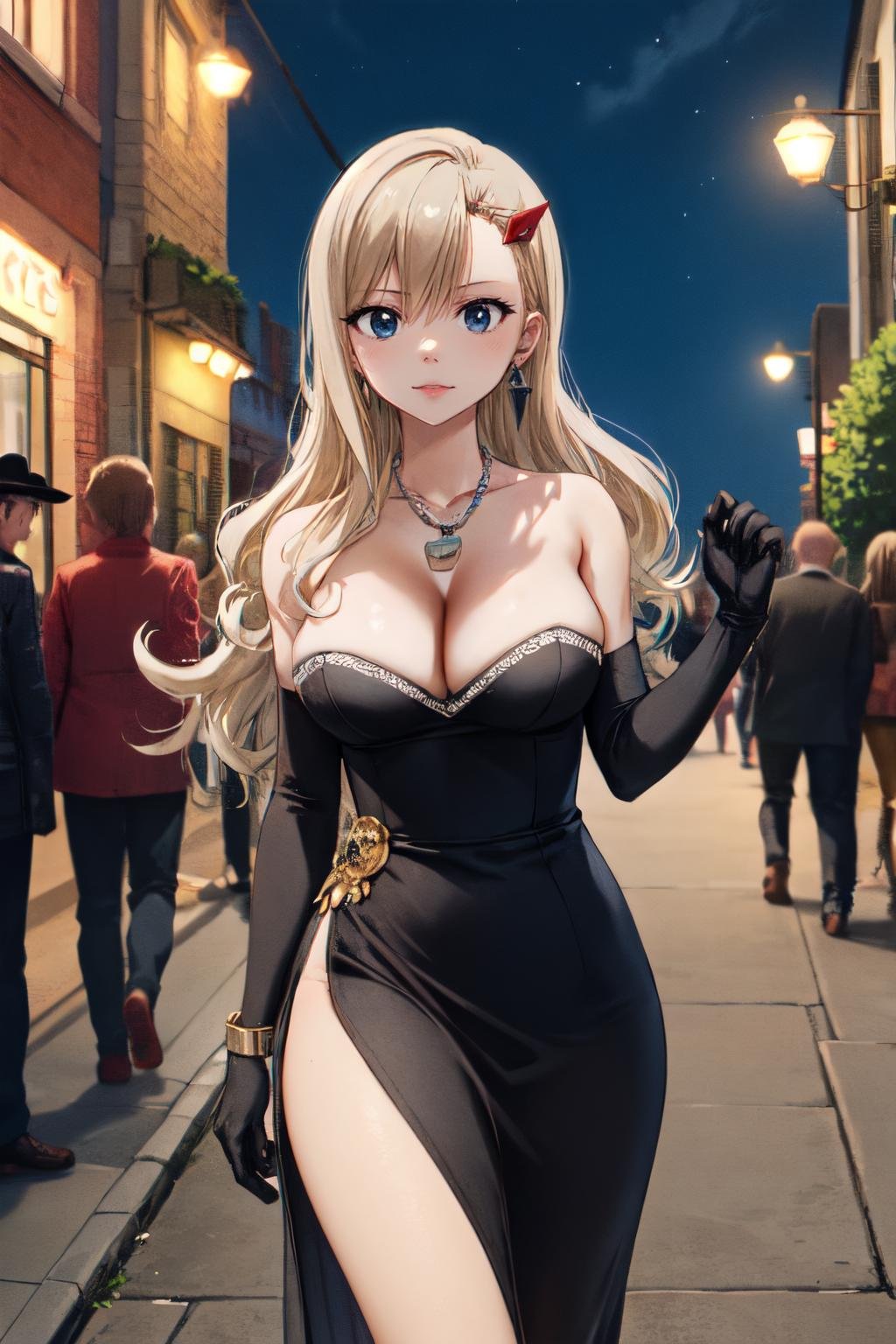 <lora:rebecca_v2:1>rebecca bluegarden,masterpiece, best quality, highres, cleavage, long hair, hairclip, earrings, necklace, black dress, strapless, black gloves, walking, cowboy shot, street, night