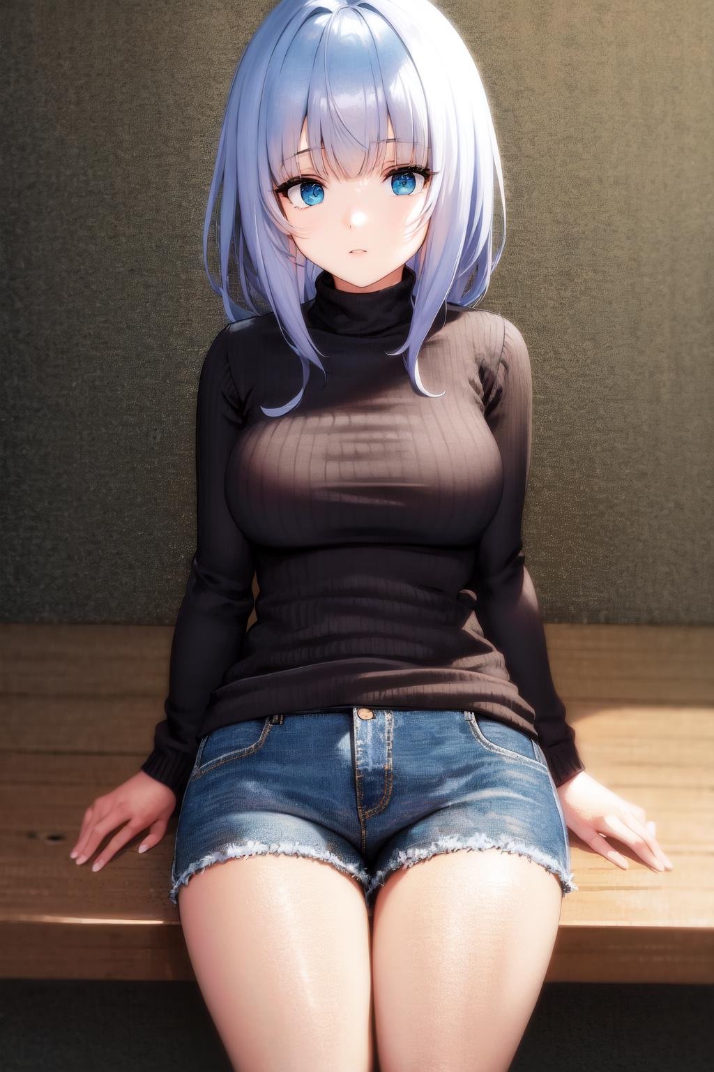 masterpiece, best quality, highres, 1girl <lora:charlotte_reis_no_outfit:1> turtleneck sweater, denim