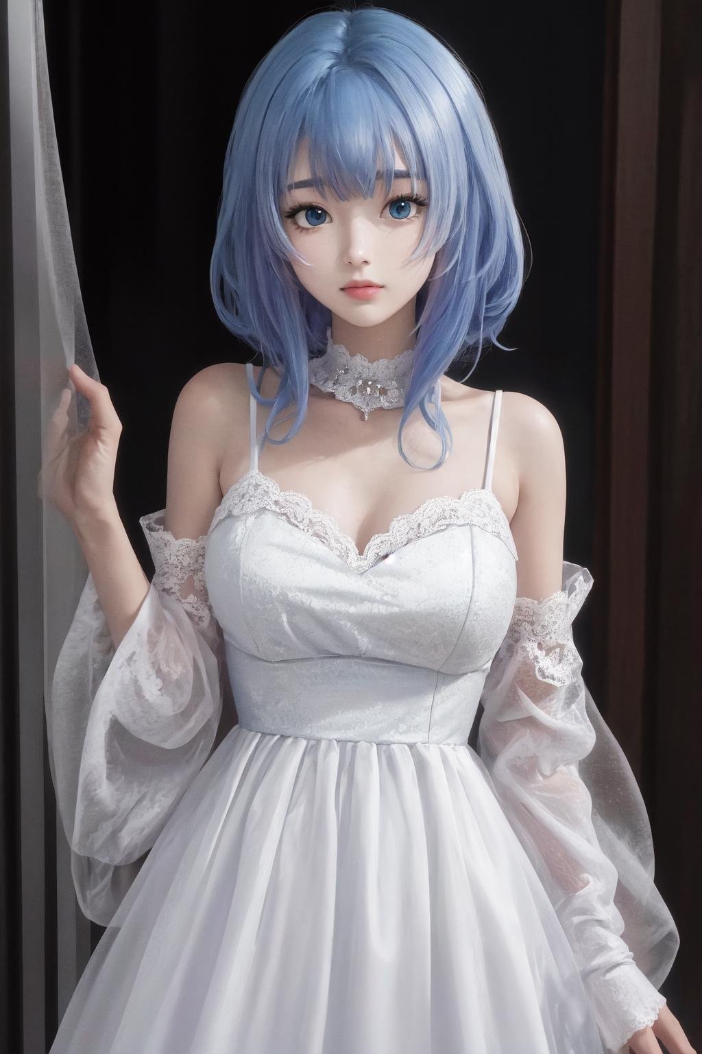 masterpiece, best quality, highres, 1girl <lora:charlotte_reis_no_outfit:1> white dress, blue hair