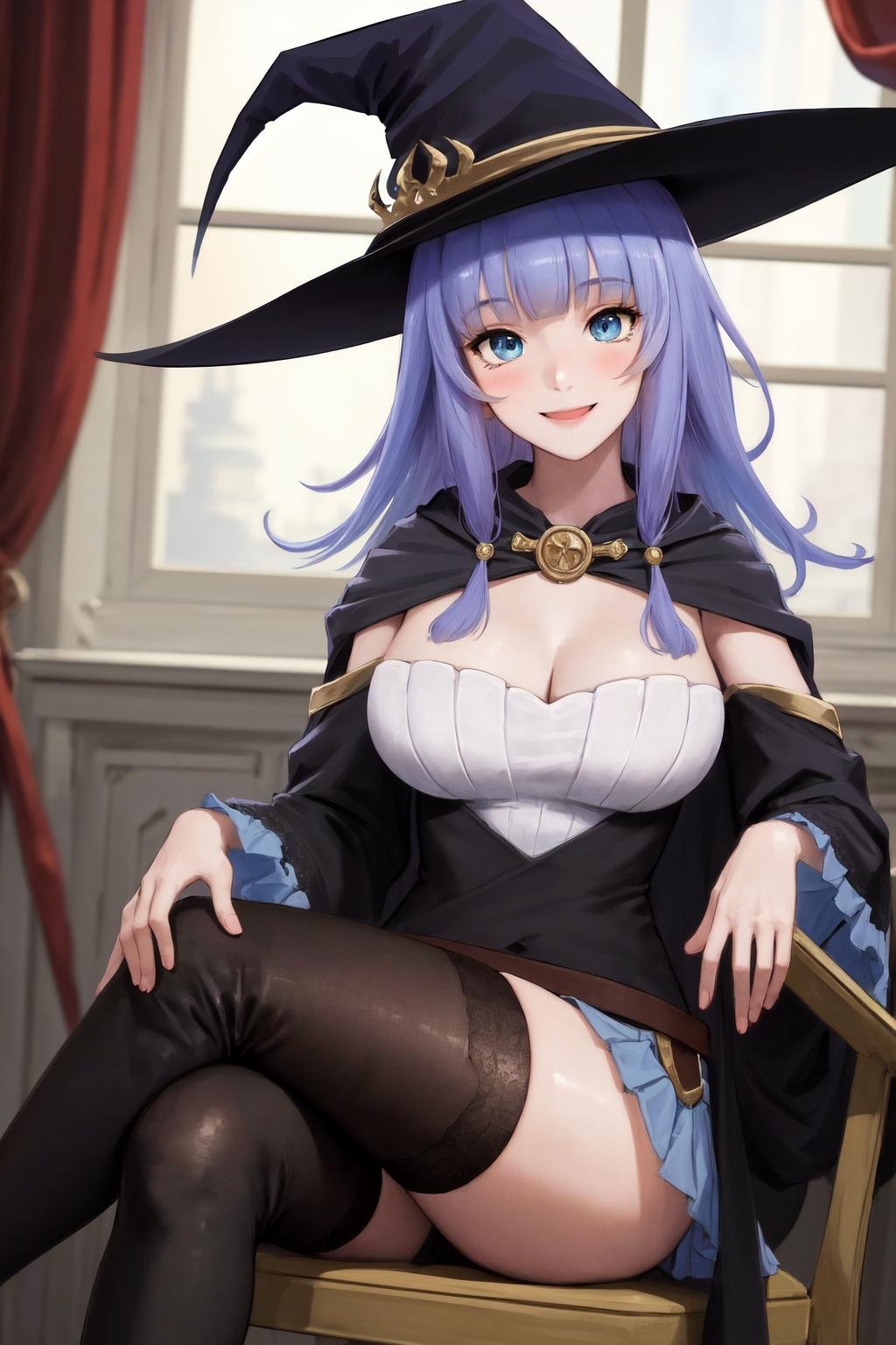 masterpiece, best quality, highres, 1girl, witch hat cape blue skirt black thighhighs boots detached sleeves wide sleeves <lora:charlotte_reis:1> sitting on chair, crossed legs, smile