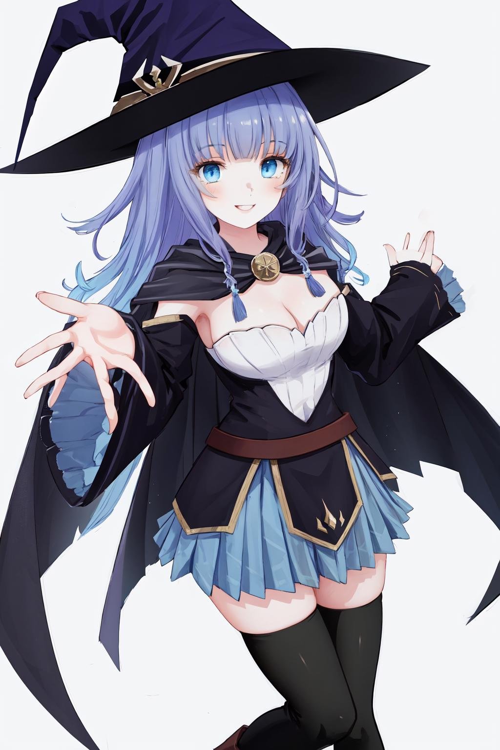 masterpiece, best quality, highres, 1girl, witch hat cape blue skirt black thighhighs boots detached sleeves wide sleeves <lora:charlotte_reis:1> outstretched arms, reaching out, smile