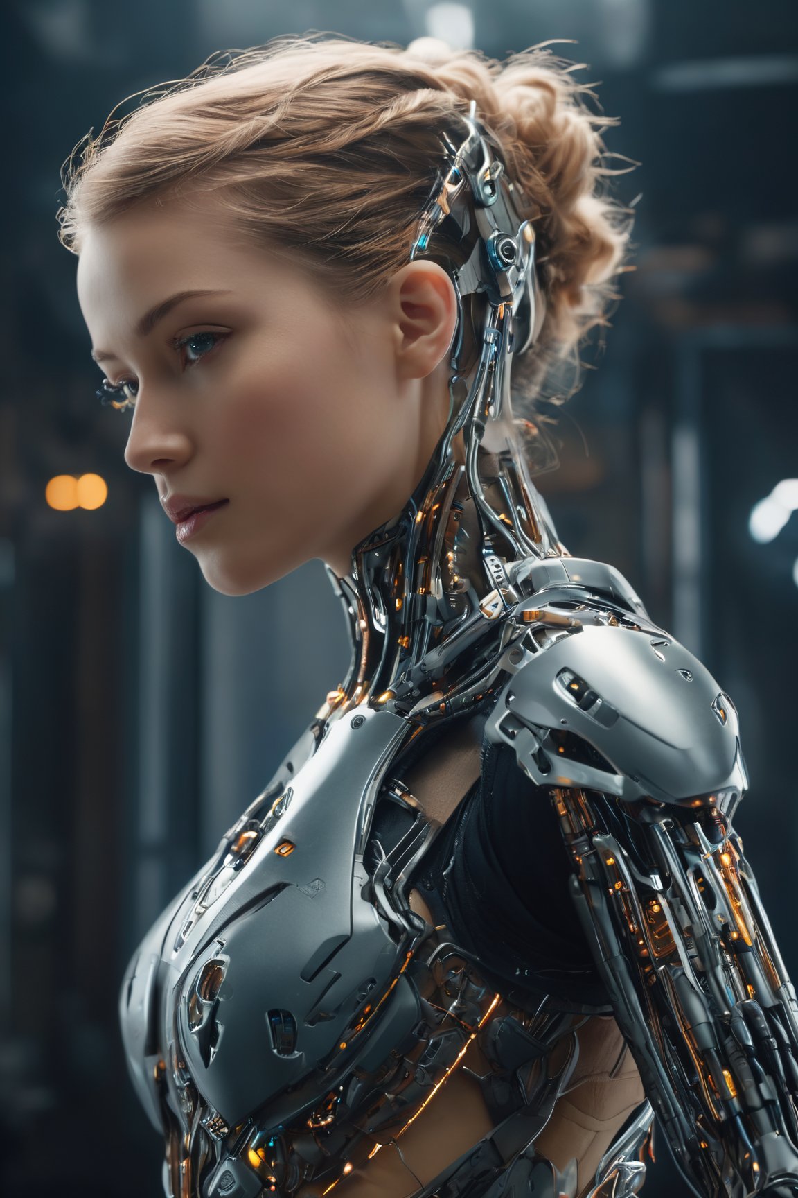 (best quality,  8K,  highres,  masterpiece),  hyper-detailed,  (photo-realistic,  lifelike) medium shot of a semi-cyborg female with biomechanical arms. The cinematic lighting accentuates the intricate details of her cybernetic limbs,  creating a visually stunning image that blurs the line between human and machine. This high-resolution masterpiece captures the essence of technological fusion and human beauty.