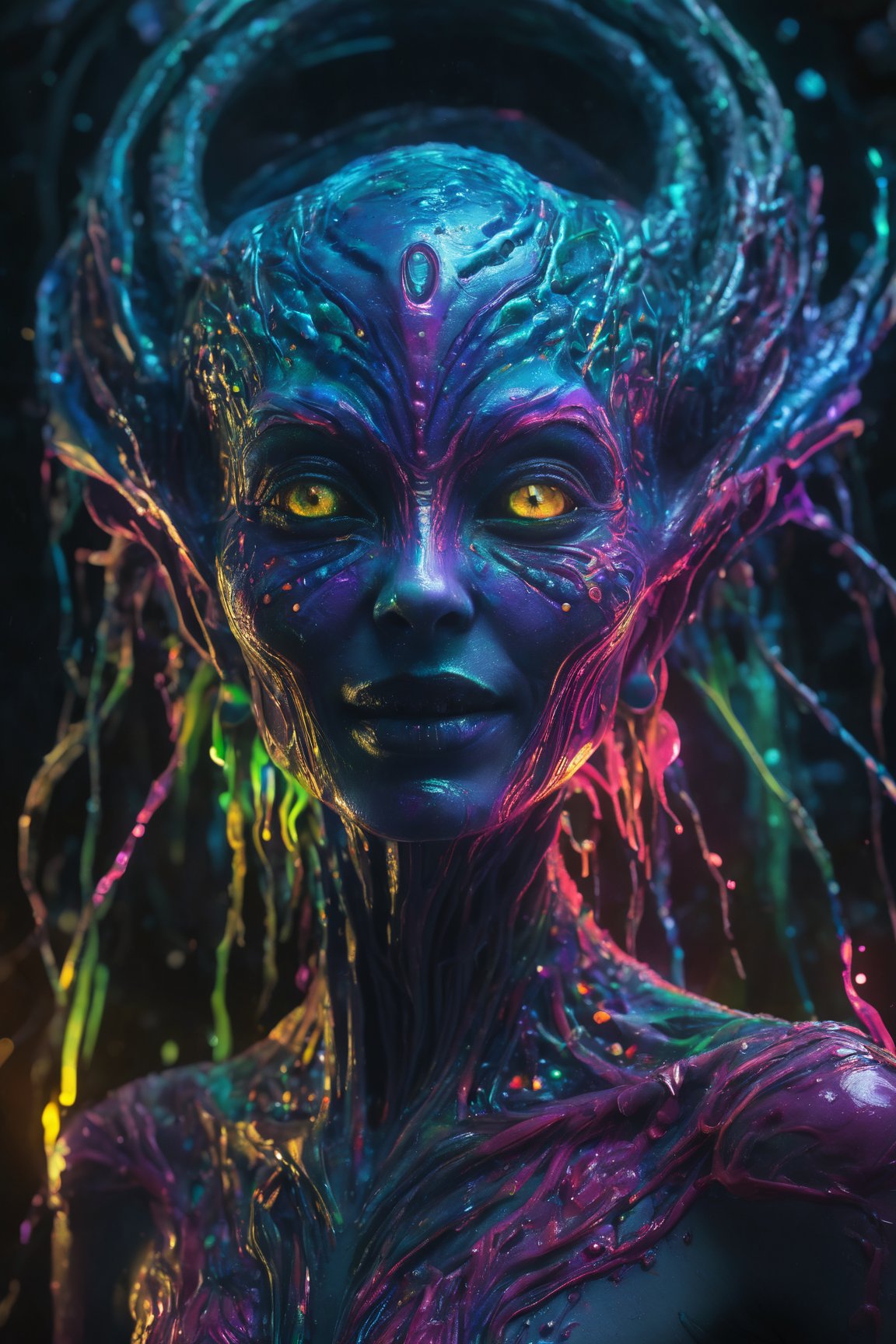 best quality,  8k,  ultra-detailed,  realistic:1.37,  vibrant colors,  vivid shading,  breathtaking portrait of an alien shapeshifter entity,  mesmerizing eyes,  intricate facial details,  otherworldly skin texture,  insane smile,  unnerving and intricate complexity,  surreal horror atmosphere,  dark shadows,  inverted neon rainbow drip paint,  ethereal glow,  hypnotic energy,  transcendent beauty,  mystical aura,  octane render