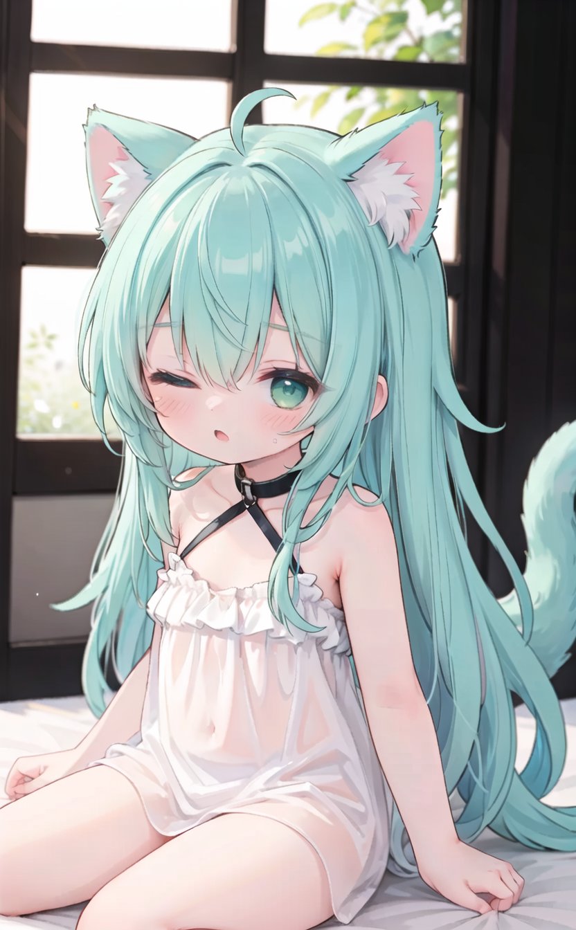 (cowboy shot,4349,4349,4349,207052,47216881T,91396498T:1),1girl,animal ears,solo,cat ears,tail,one eye closed,green hair,cat girl,long hair,cat tail,green eyes,animal ear fluff,ahoge,blush,collar,bed sheet,bangs,hair between eyes,very long hair,looking at viewer,parted lips,blurry,window,;o,depth of field,tail raised,blurry background,1girl,animal ears,solo,cat ears,tail,one eye closed,green hair,cat girl,long hair,cat tail,green eyes,animal ear fluff,ahoge,blush,collar,bed sheet,bangs,hair between eyes,very long hair,looking at viewer,parted lips,blurry,window,;o,depth of field,tail raised,blurry background,1girl,animal ears,solo,cat ears,tail,one eye closed,green hair,cat girl,long hair,cat tail,green eyes,animal ear fluff,ahoge,blush,collar,bed sheet,bangs,hair between eyes,very long hair,looking at viewer,parted lips,blurry,window,;o,depth of field,tail raised,blurry background,