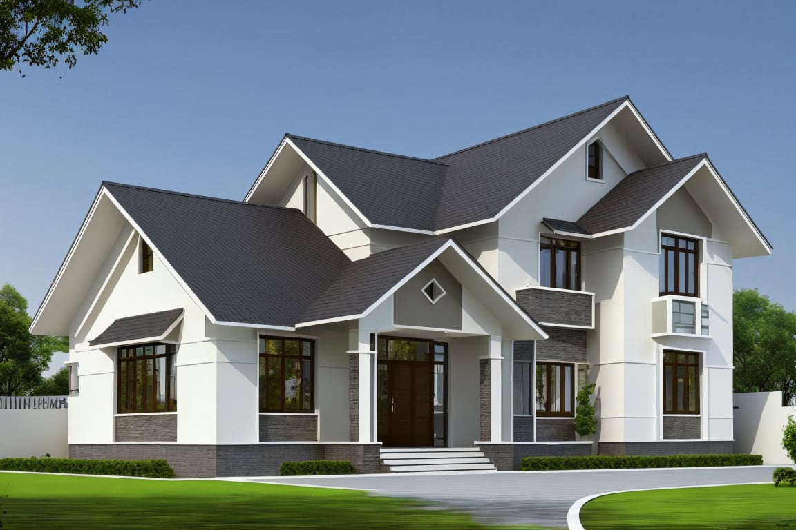 3D render photo of 1 house, beautiful, notable roof, high res, full HD