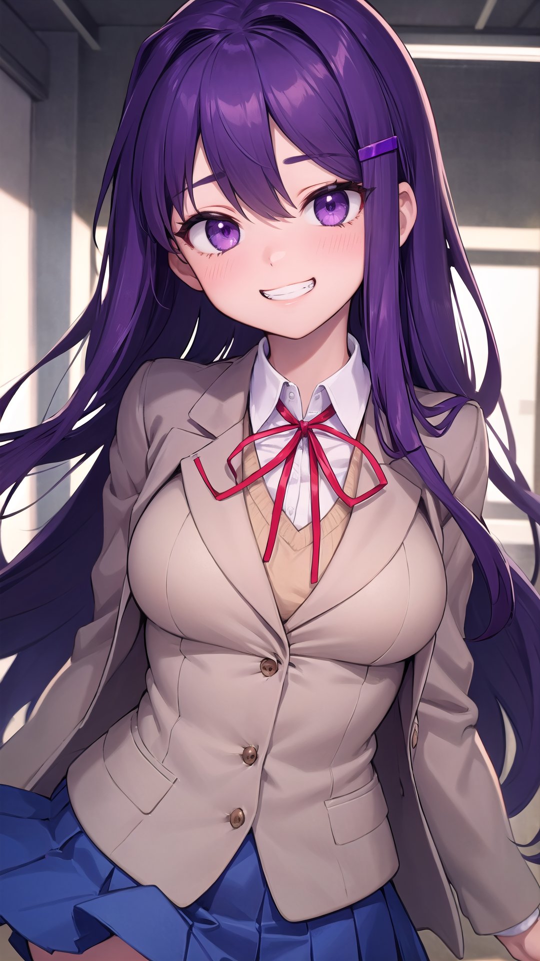  perfect_face, high_detailed_skin, skin_pores, cinematic_lighting,ddlcyuri, hair ornament, hairclip, long hair, (purple eyes:1.1), purple hair, grin, jacket, blazer, blouse, blue skirt, brown jacket, miniskirt, neck ribbon, ribbon, school uniform, shirt, skirt, white shirt, wing collar