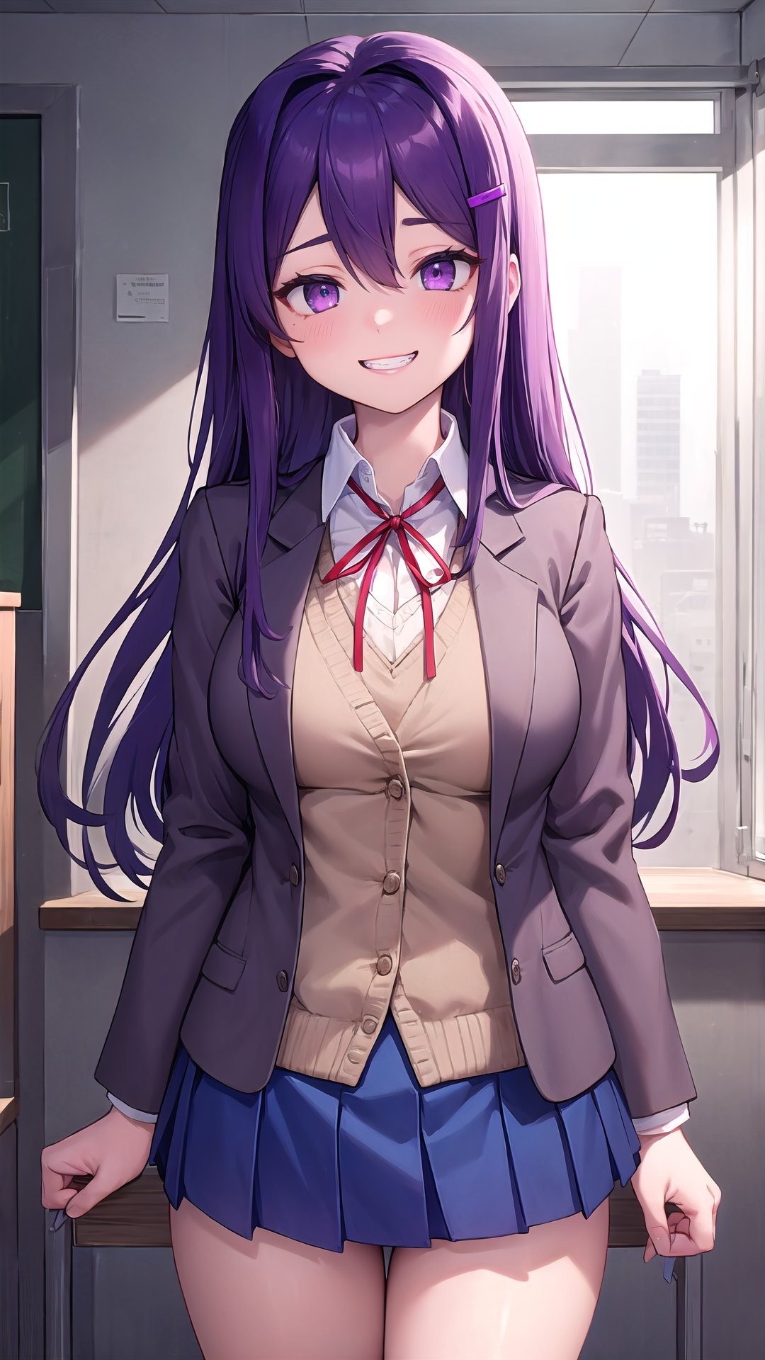  perfect_face, high_detailed_skin, skin_pores, cinematic_lighting,ddlcyuri, hair ornament, hairclip, long hair, (purple eyes:1.1), purple hair, grin, jacket, smile, blazer, blouse, blue skirt, brown jacket, miniskirt, neck ribbon, ribbon, school uniform, shirt, skirt, white shirt, wing collar