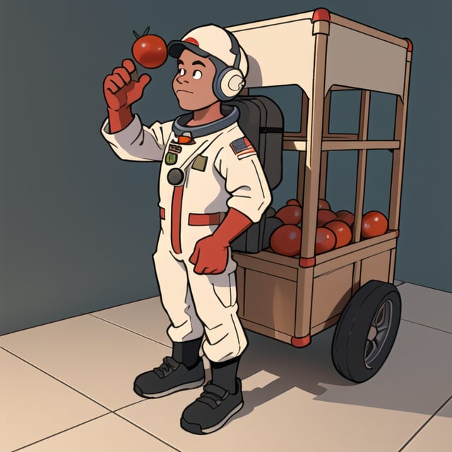 astronaut with a delivery man's bag on his back and a basket of tomatoes in his hand, mars background, 3d render, pixar style, (detailed digital art), stylized 3d render, c4d, (full height), high quality, composition, masterpiece, artstation

,toon