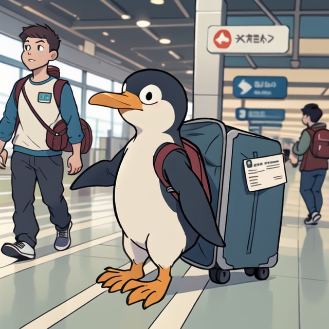 A penguin with a backpack and a boarding pass in the airport

,toon