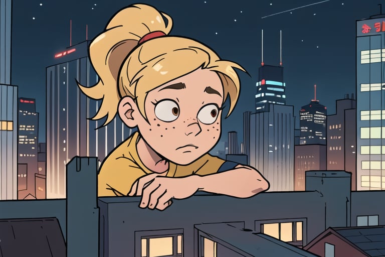 photo of a 20 years old girl with brown shiny eyes, blonde hair in a ponytail, deeply sad expression, rounded cheeks with some freckles, top of a building, nigth, modern city, skycrappers, builings, city view,
