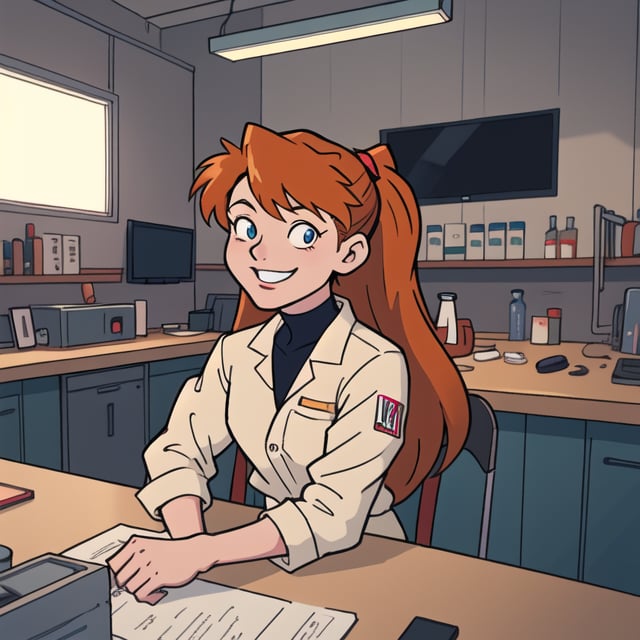 Anime illustration of smiling happy Asuka Langley Soryu from Neon Genesis Evangelion,inside the LAB, detailed scene, stunning details, vintage 90's anime, detailed environment,

,toon