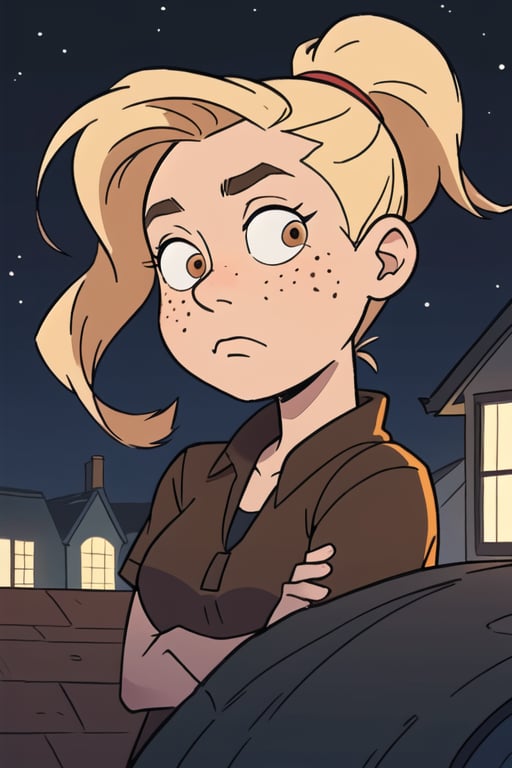 photo of a 20 years old girl with brown shiny eyes, blonde hair in a ponytail, deeply sad expression, rounded cheeks with some freckles, top of a builing, nigth, 
