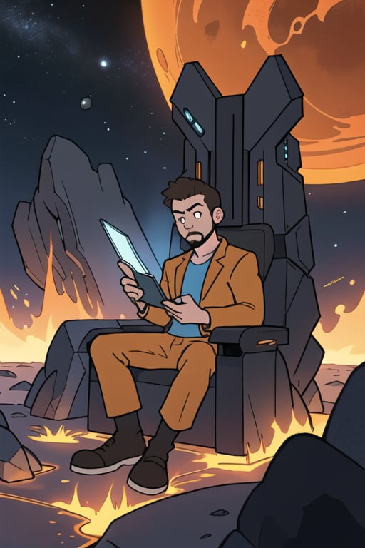 Draw a young man programmer, sitting on a research platform floating in the middle of an asteroid belt. He is studying with a notebook, surrounded by several asteroids glowing with fiery auras. Dramatic lighting from distant stars and planets illuminates the scene, casting deep shadows on the suit. The young man looks confident and determined, looking at the vast and mysterious universe with wonder and respect,facial hair, cowboy shot,

