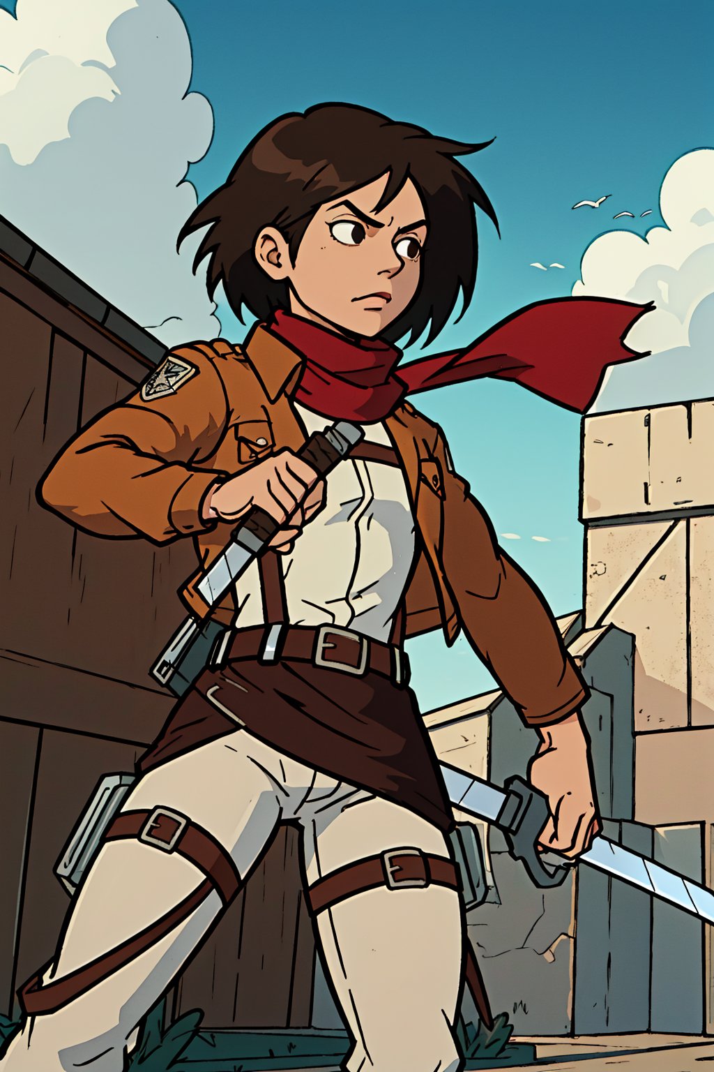 masterpiece,  best quality,  highres,  hmmikasa,  short hair,  black eyes,  scarf,  emblem,  belt,  thigh strap,  red scarf,  white pants,  brown jacket,  long sleeves,  holding weapon,  sword,  dual wielding,  three-dimensional maneuver gear,  fighting stance,  sky,<lora:EMS-206439-EMS:1.000000>,<lora:EMS-5560-EMS:0.800000>