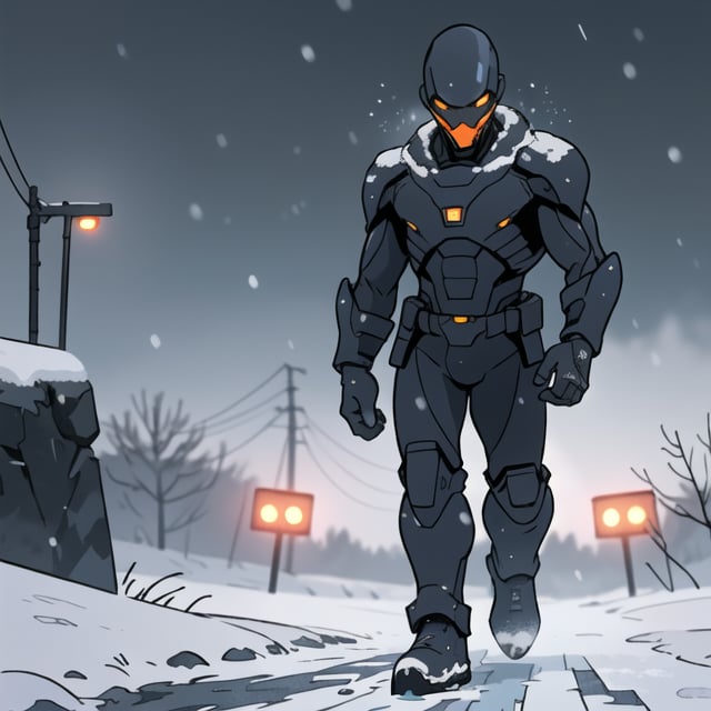 A alien soldier monster , distant full body portrait in a landscape , wearing black  whit orange lights , during a snow storm,,,ice, cold, dark lighting, ,,, intricate details, depth of field, in a cold snowstorm, ,, outdoors, night,

,toon