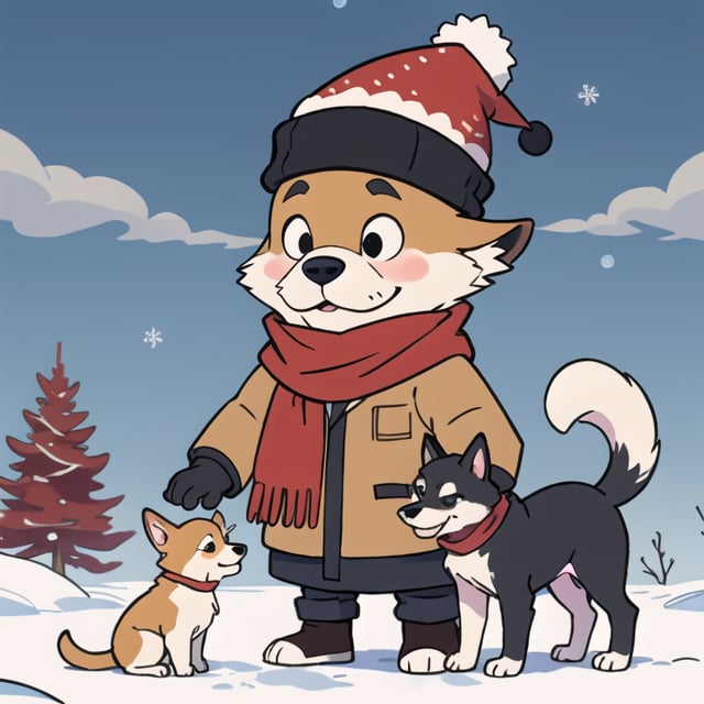 A cute puppy wearing a winter hat and scarf

,toon