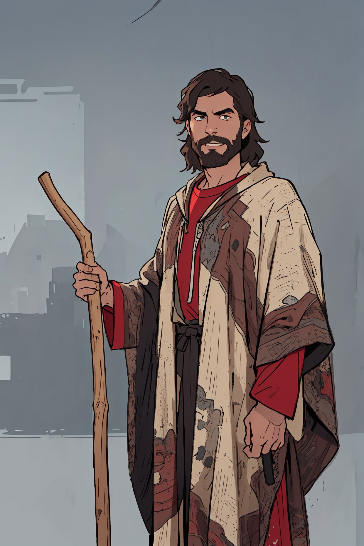 a man dressed as jesus holding a stick,  zachary quinto,  inspired by Óscar Domínguez,  behold,  valter de morais,  poncho,  guy,  professional comercial vibe,  symatrical,<lora:EMS-206439-EMS:0.800000>