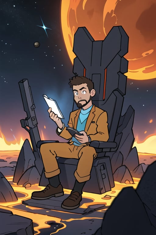 Draw a young programmer, sitting on a research platform floating in the middle of an asteroid belt. He is studying with a notebook, surrounded by several asteroids glowing with fiery auras. Dramatic lighting from distant stars and planets illuminates the scene, casting deep shadows on the suit. The young man looks confident and determined, looking at the vast and mysterious universe with wonder and respect,facial hair, cowboy shot,

