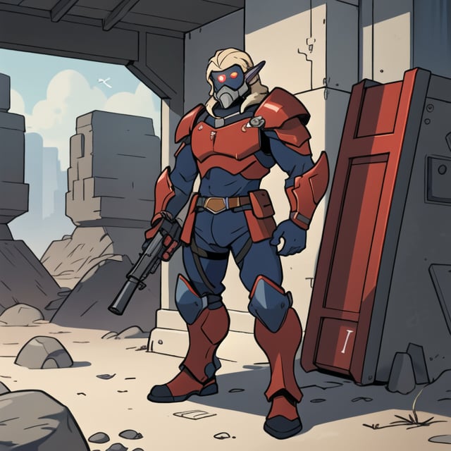 high elf sci fi soldier wearing heavy sci fi armor, white and red and blue armor, male, holding a light machine gun, full body, HD

,toon