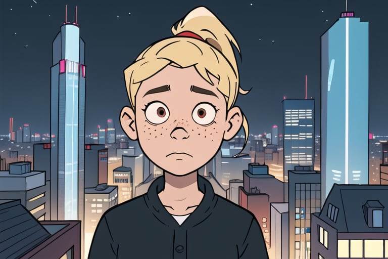 photo of a 20 years old girl with brown shiny eyes, adult,blonde hair in a ponytail, deeply sad expression, rounded cheeks with some freckles, top of a building, nigth, modern city, skycrappers, builings, city view,
