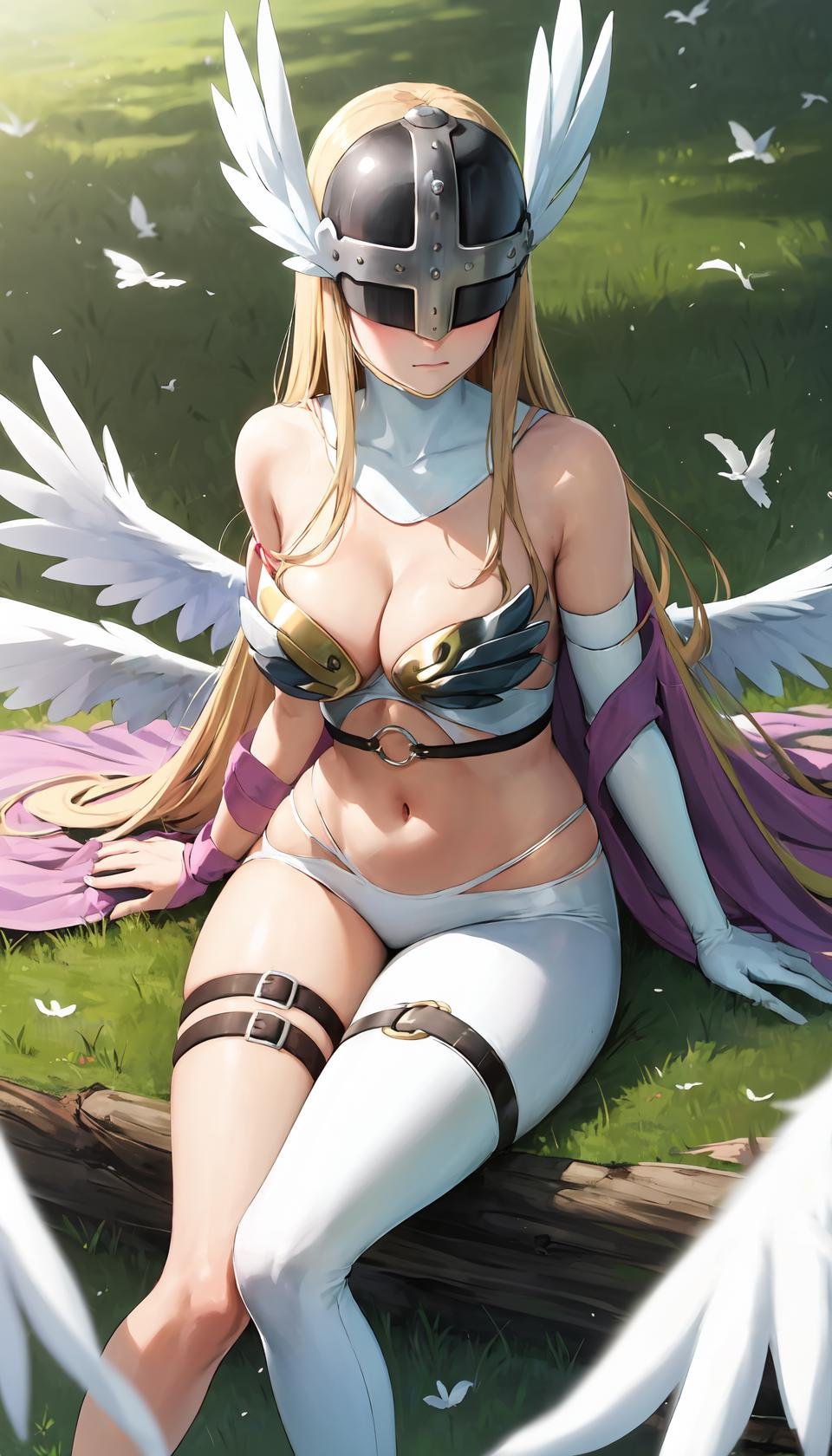 masterpiece, best quality, outdoors, field, grass, forest,angewomon, 1girl, solo, sitting, long hair, breasts, blonde hair, large breasts, gloves, ribbon, navel, cleavage, bare shoulders, closed mouth, wings, o-ring, elbow gloves, belt, white gloves, thigh strap, helmet, head wings, feathered wings, facing viewer, angel wings, white wings, asymmetrical clothes, covered eyes, multiple wings, digimon (creature), winged helmet, <lora:LoRA_Angewomon:1>