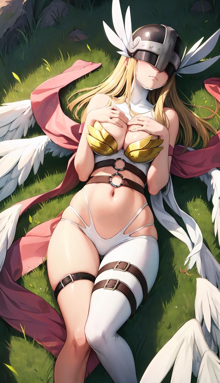 masterpiece, best quality, outdoors, field, grass, forest,angewomon, 1girl, solo, lying, on back, long hair, breasts, blonde hair, large breasts, huge breasts, ribbon, navel, cleavage, bare shoulders, closed mouth, wings, o-ring, belt, thigh strap, helmet, head wings, feathered wings, facing viewer, angel wings, white wings, asymmetrical clothes, covered eyes, multiple wings, digimon (creature), winged helmet, hands on own chest, <lora:LoRA_Angewomon:1>