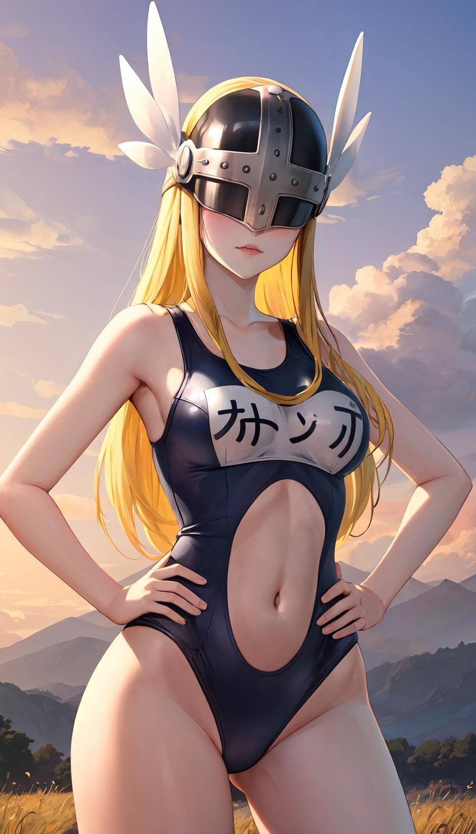 masterpiece, best quality, outdoors, field, grass, forest, <lora:LoRA_Angewomon:1>,digimon (creature), 1girl, solo, cowboy shot, long hair, blonde hair, large breasts, helmet, head wings, facing viewer, covered eyes, winged helmet, swimsuit, one-piece swimsuit, school swimsuit, old school swimsuit, covered navel, collarbone, blue one-piece swimsuit, name tag, hands on hips, <lora:LoRA_Swimsuit:1>