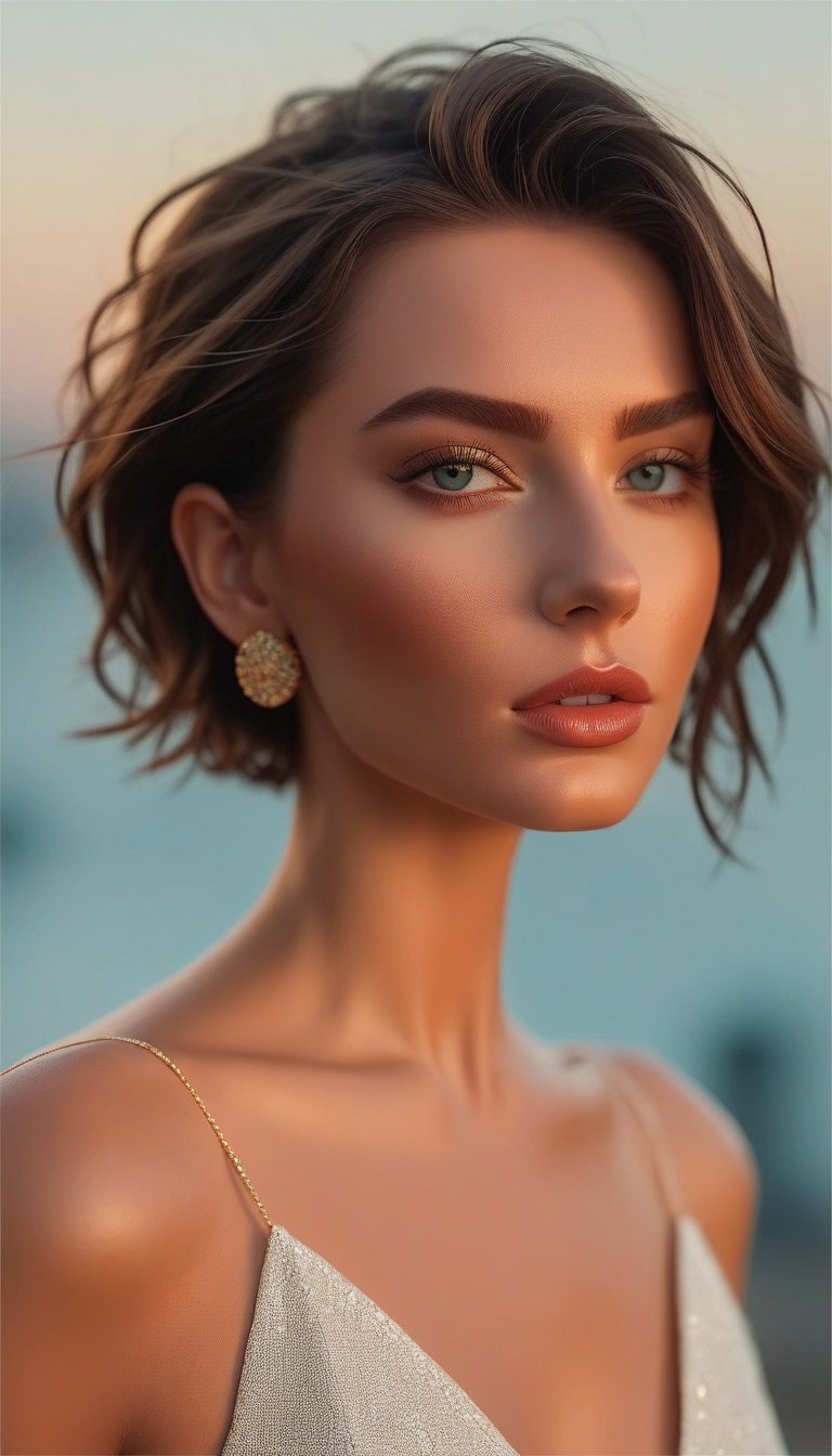 (tmasterpiece:1.3), (8K, realisticlying, RAW photogr, Best quality at best: 1.4), , (1 girl),25 age old, pretty face, (Realistic face), (brunette color hair, short detailed hair:1.3), Beautiful hairstyle, photorealistic eye, pretty eyes, pretty eyes, (Realistic skin), Beautiful skins, Attractive, hyper HD, k hd, the golden ratio, the detail, look at bystanders, ssmile, (Shoulder styliniddlebreast, the sunset,Cloudont