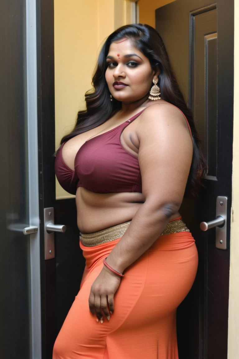 beautiful indian bbw, wearing noslit maxi, bra, near door