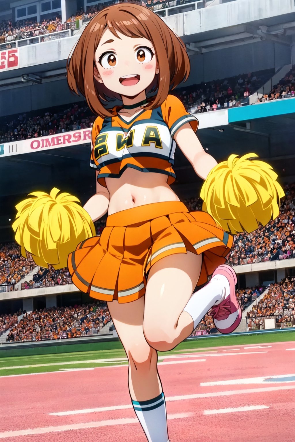 solo, ochako, blush stickers, cheerleader, jumping, football field, yellow pom poms, orange shirt, crop top, orange skirt, white socks, pink shoes, full body, :d