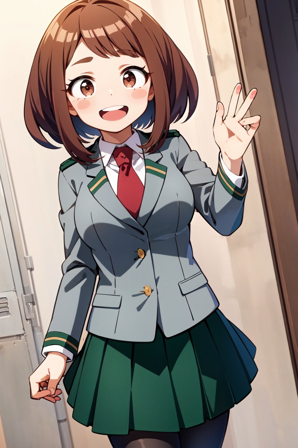 solo, ochako, blush stickers, u.a. school uniform, green skirt, black pantyhose, grey jacket, red tie, :d