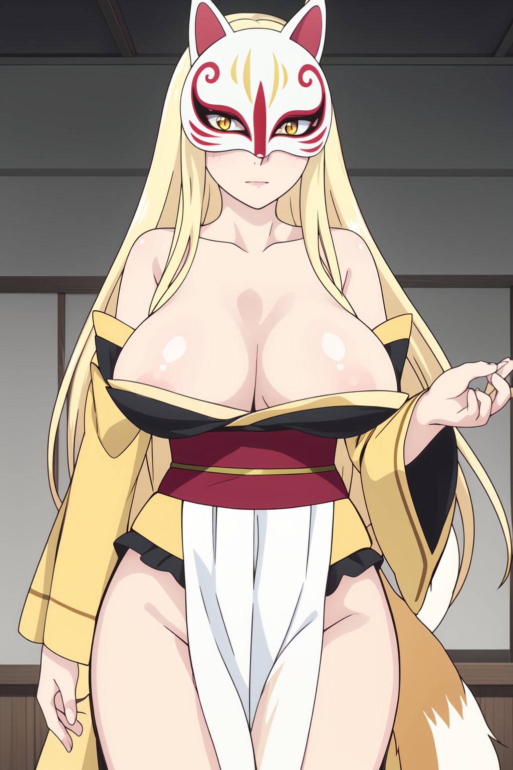 (masterpiece,  best quality),  shiny skin,  lustrous skin,  narrow waist,  wide hips,  1girl,  solo,  breasts,  blonde hair,  cleavage,  long hair,  mask,  tail,  large breasts,  fox tail,  kimono,  yellow eyes,  fox mask,  yellow kimono,  wide sleeves,  red obi,  geta,<lora:EMS-2732-EMS:0.800000>,<lora:EMS-206471-EMS:0.600000>