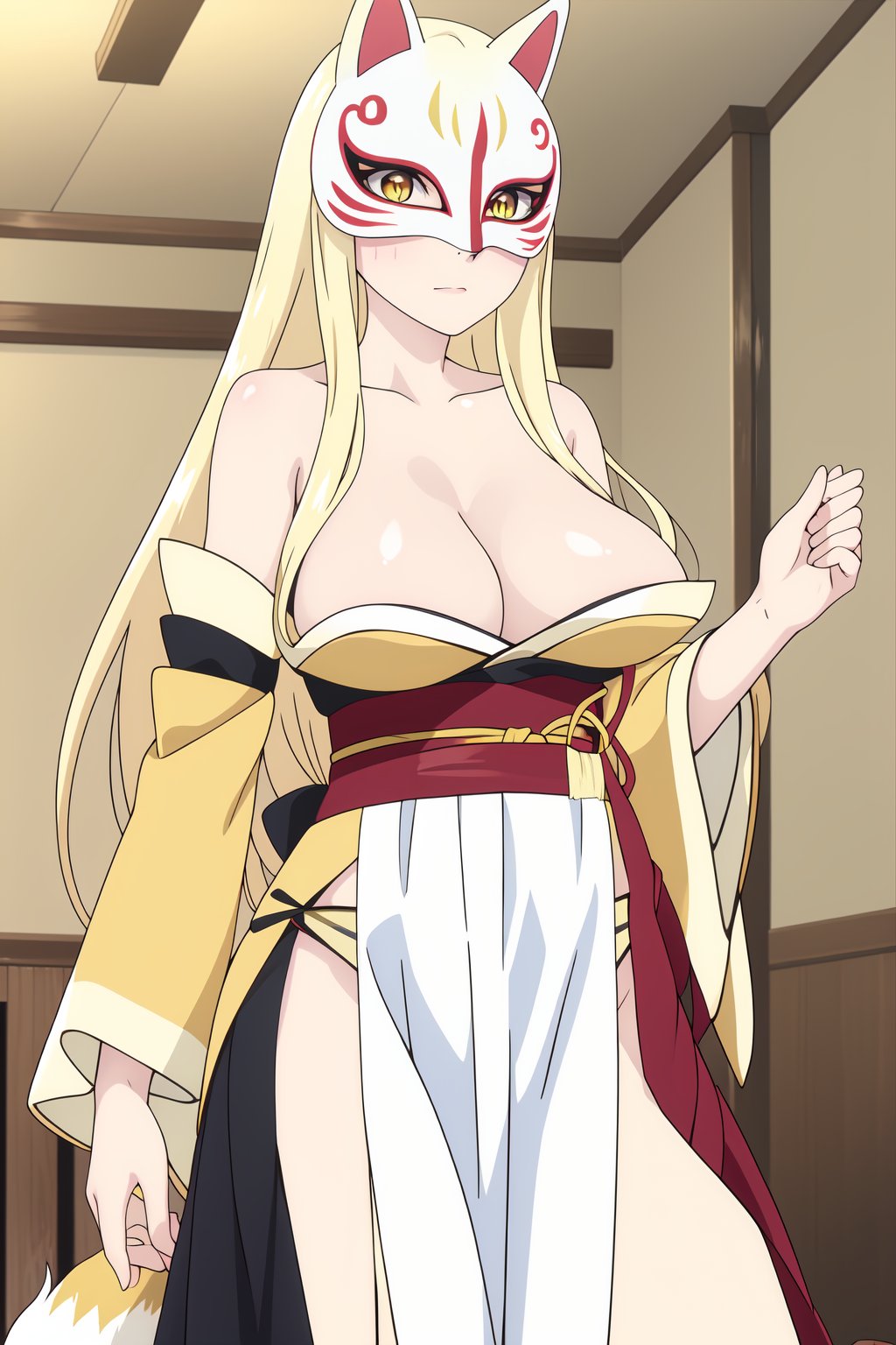 (masterpiece,  best quality),  shiny skin,  lustrous skin,  1girl,  solo,  breasts,  blonde hair,  long hair,  mask,  tail,  fox tail,  kimono,  yellow eyes,  fox mask,  yellow kimono,  wide sleeves,  red obi,  japanese interior,<lora:EMS-2732-EMS:0.800000>,<lora:EMS-206471-EMS:0.600000>