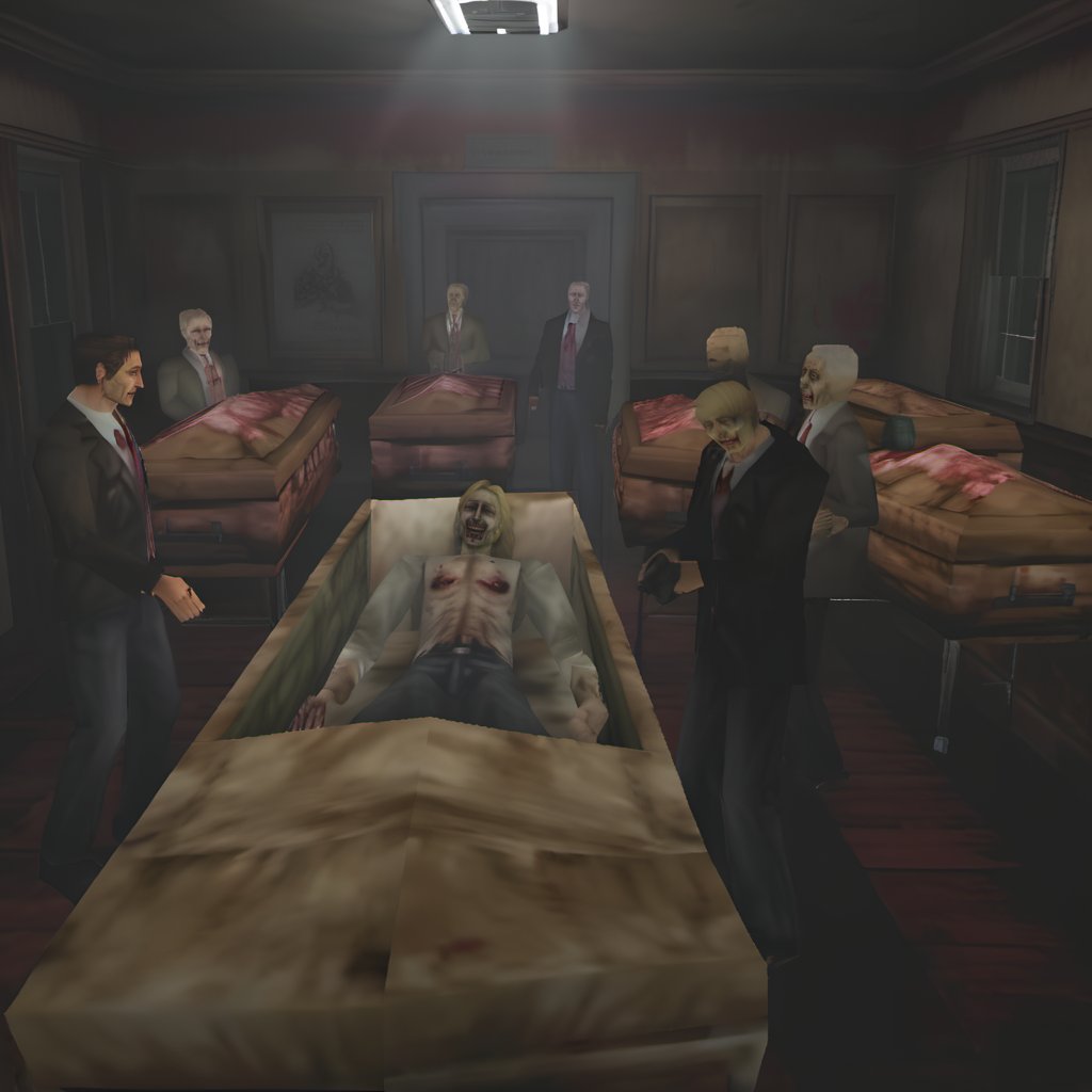   silent hill horror, SCP containment breach, (ps1 style), (game screenshot), (computer generated image), cocktail party, celebrities, rich people, ((onu forum)), ((funeral)), ((open coffin)) ((morgue)),crowded table, smiling, drinking enjoying, photo taken by annie leibovitz, intricate face details, studio lightning, canon 50mm, 4k, 8k
