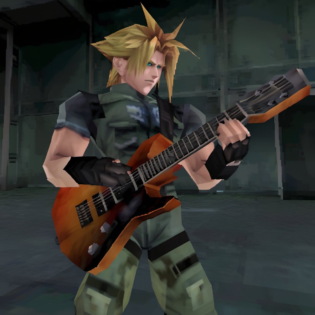 close shot portrait of cloud strife in metal gear solid SCP, low poly,  containment breach, (ps1 style), (game screenshot), (computer generated image), singing and holding a eletric guitar, wireframe, flat shading, concept art. digital artwork, illustrative, painterly, matte painting, highly detailed
