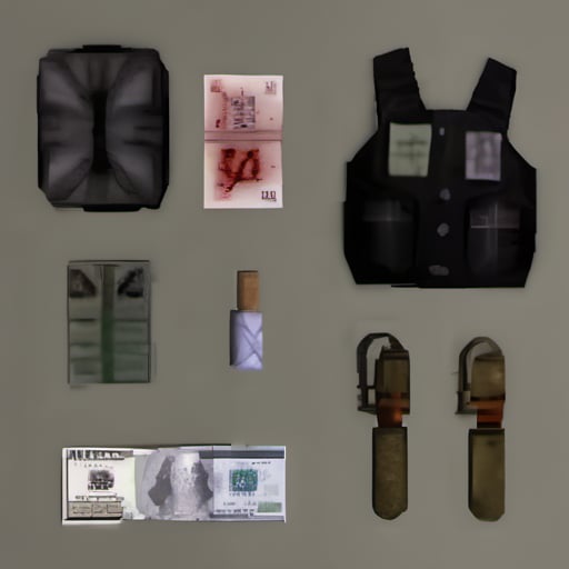 flat lay of the narco drug dealer's belongings, (drugs:1.1), medications, a package of marijuana, armored vest, weapon, knife, purse, money, key card, pistol, old mobile phone with buttons, bullets, money bug, perfect composition,  ps1 style
