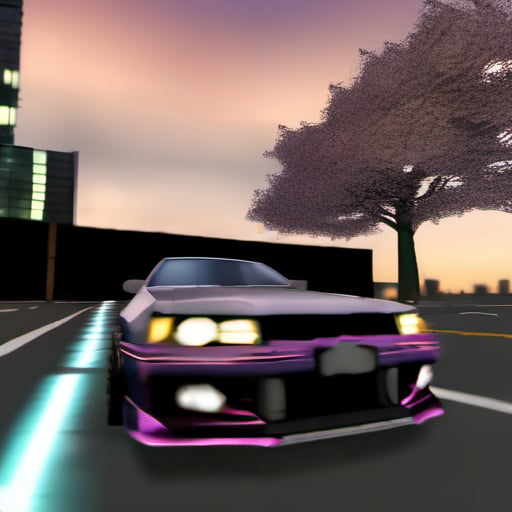 jdm drift car tokyo drifting in neotokyo street, neon lights, cherry blossoms, tokyo skyline, symmetrical, centered, inspired by Katsuhiro Otomo
