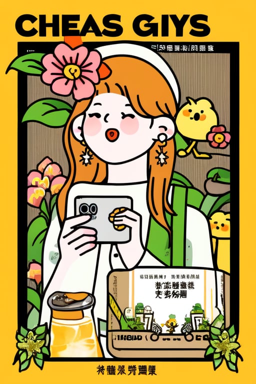 chahua, 1girl, long hair, earrings, shirt, english text, chinese text, flower, bird, holding drink, bag, phone,<lora:EMS-206510-EMS:1.000000>