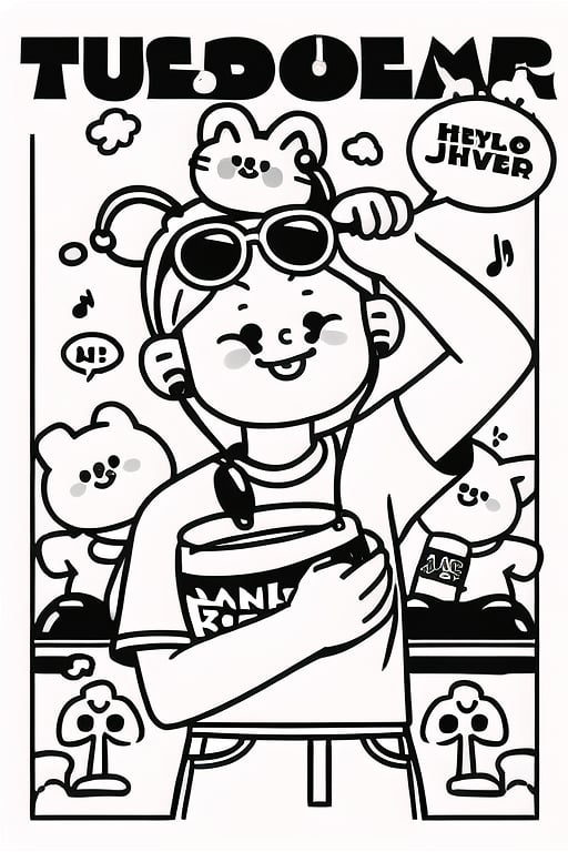 chahua,  musical note,  sunglasses,  shirt,  1girl,  speech bubble,  monochrome,  food,  fruit,  holding,  arm behind head,  english text,  greyscale,  rabbit,  flower,  round eyewear,  short twintails,  eighth note,  beamed eighth notes,  eyewear on head,  twintails,  1boy,  smile,  hair ornament,  short sleeves,  bottle,  spot color,  earphones,  comic,  watermelon,  arm up,  bow,  :3,  short hair,<lora:EMS-206510-EMS:1.000000>